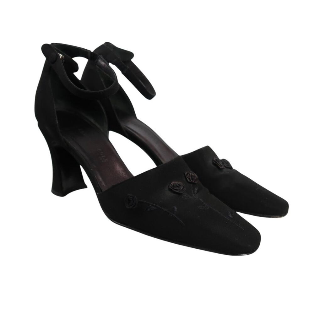 Vintage 90s Kenneth Cole Black Fabric Pump Heels Rose Floral Embroidery 7